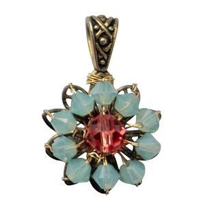 Vintage Anastasia Floral Pendant with Red and Blue Accents on Gold Tone Frame